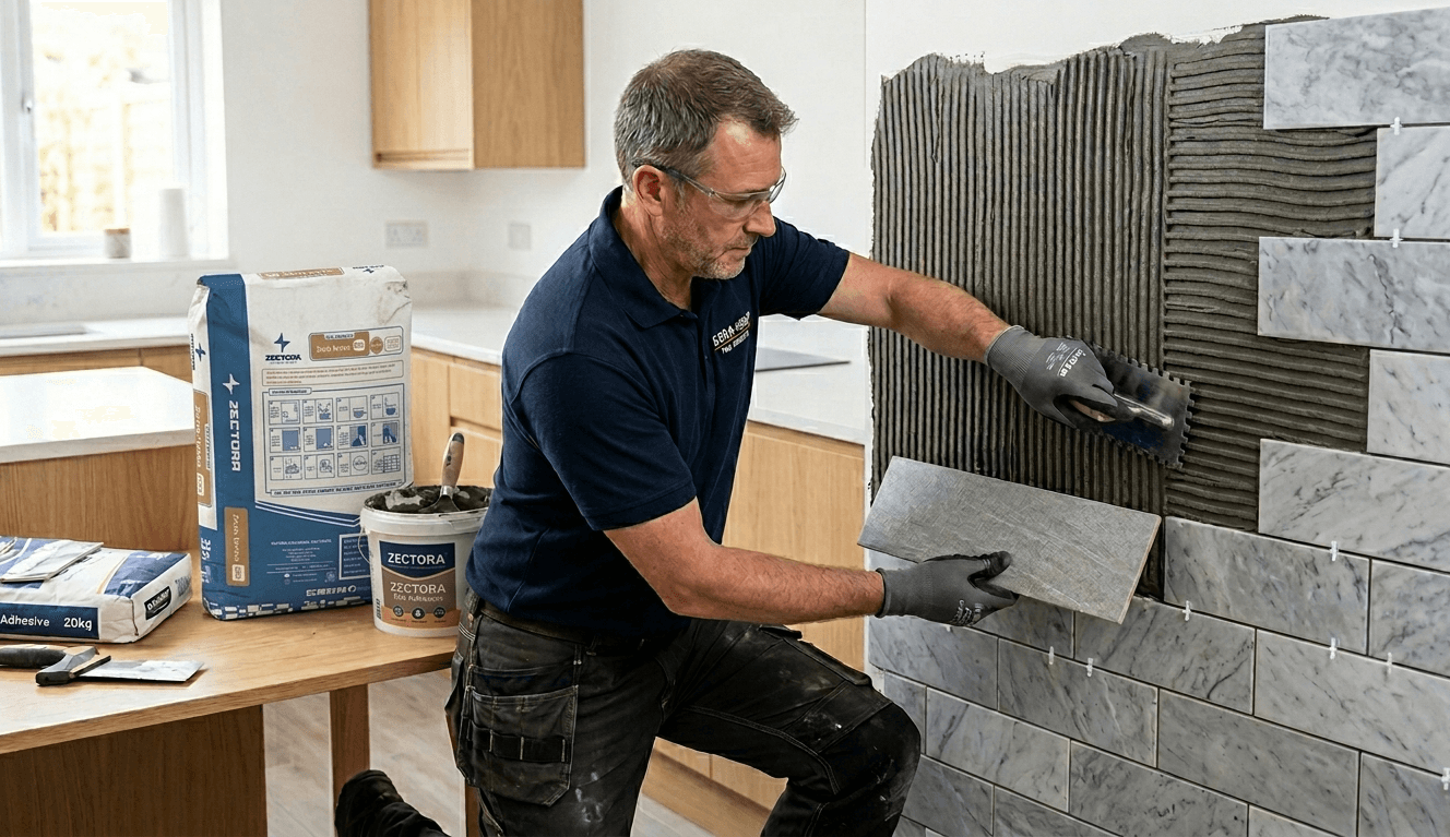 Wall tile adhesive application